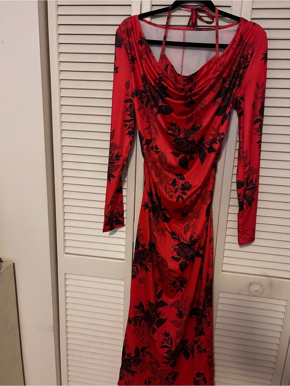 Red Floral Drape-Neck Maxi Dress